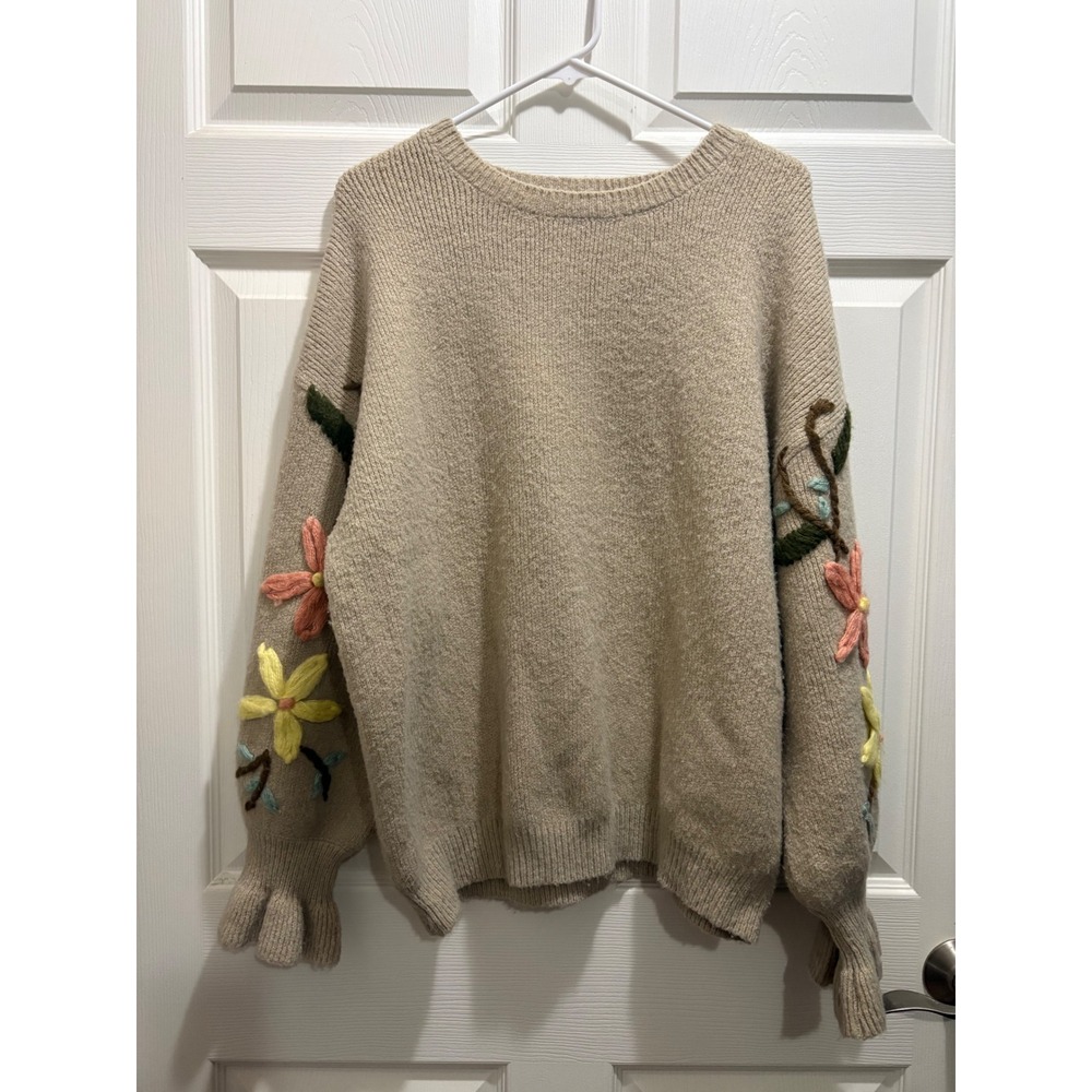 See and Be Seen Floral Embroidered Ruffle Cuff Sweater Beige Large SW6096-1
